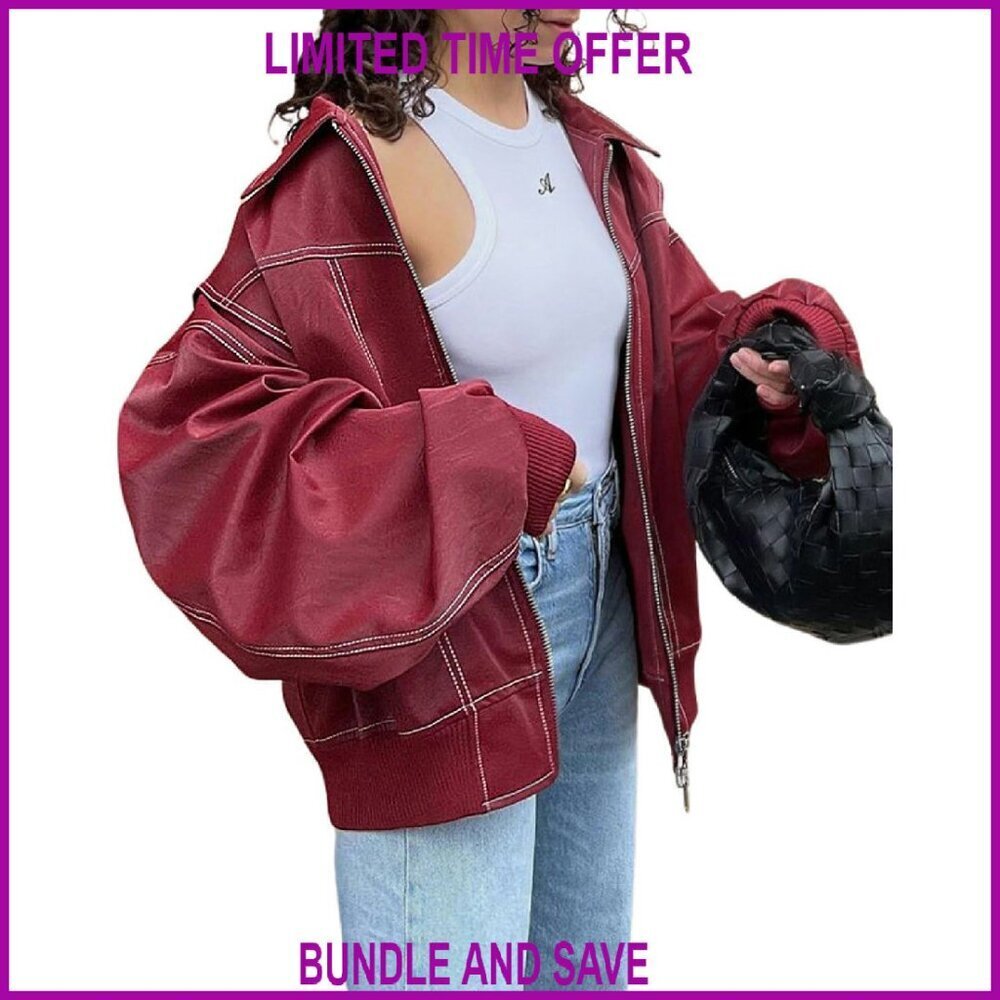 Women's Faux Leather Motorcycle Jacket Oversized Zip Up Winter Coat